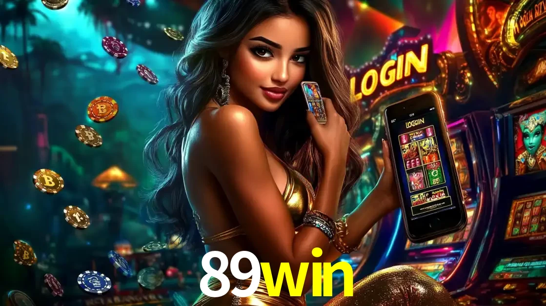 Mulher em um cenário de cassino temático de aventura, mostrando o app de caça-níqueis da 89win no celular. Fichas de apostas flutuam ao redor.