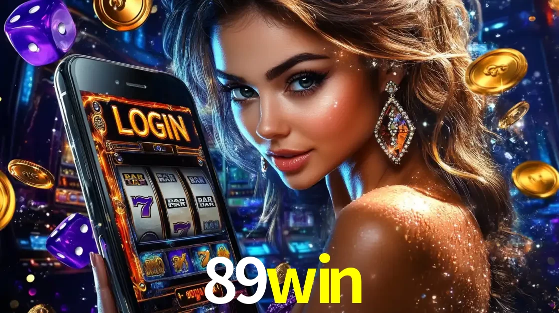 Mulher glamorosa segurando um smartphone com a tela de login para os jogos de caça-níqueis do cassino online 89win, com moedas de ouro e dados ao redor.