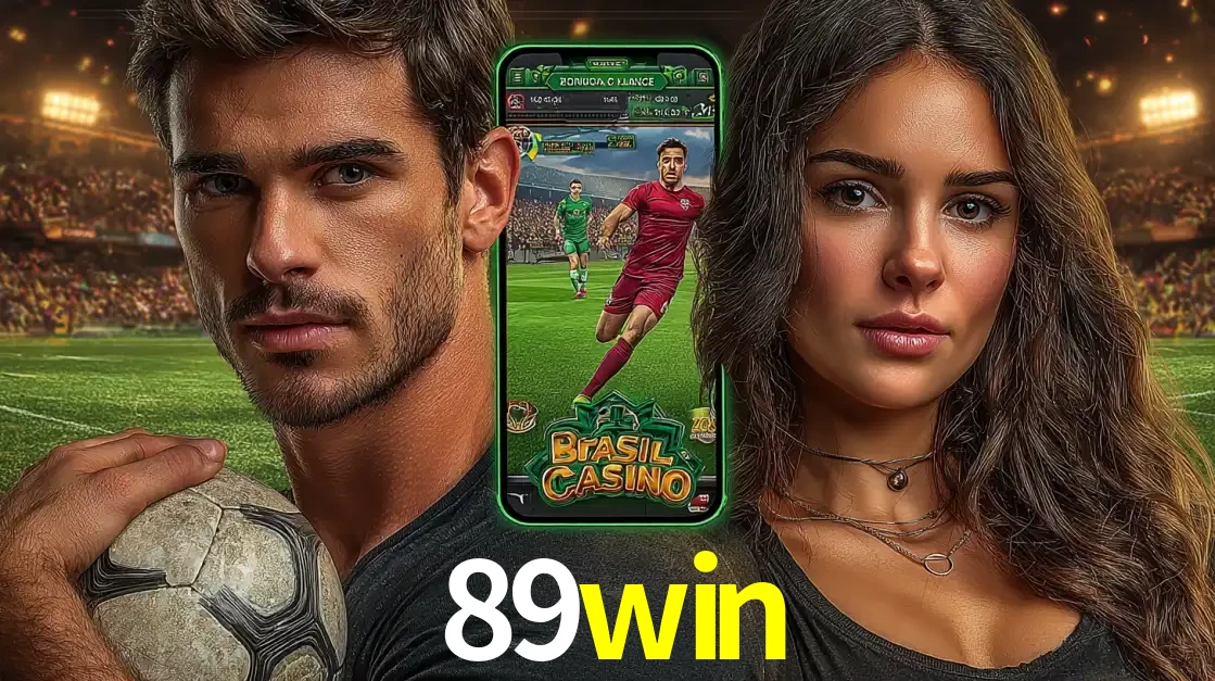 Homem segurando uma bola de futebol e uma mulher ao lado de um smartphone exibindo o jogo de apostas esportivas da 89win. Faça seu palpite no cassino online.